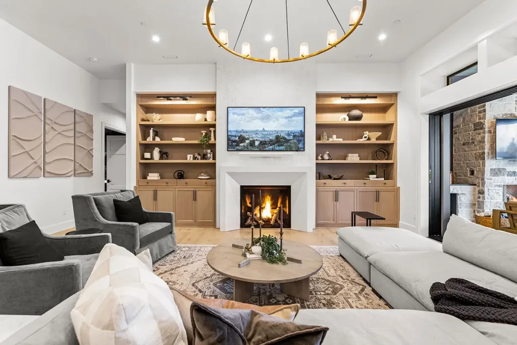 Photo of the great room and fireplace of the Elysium by Affinity Homes